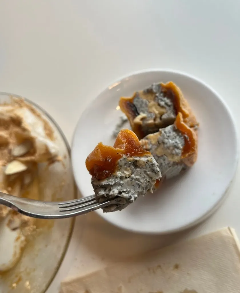 Dried-persimmon sando filled with cream cheese and black sesame