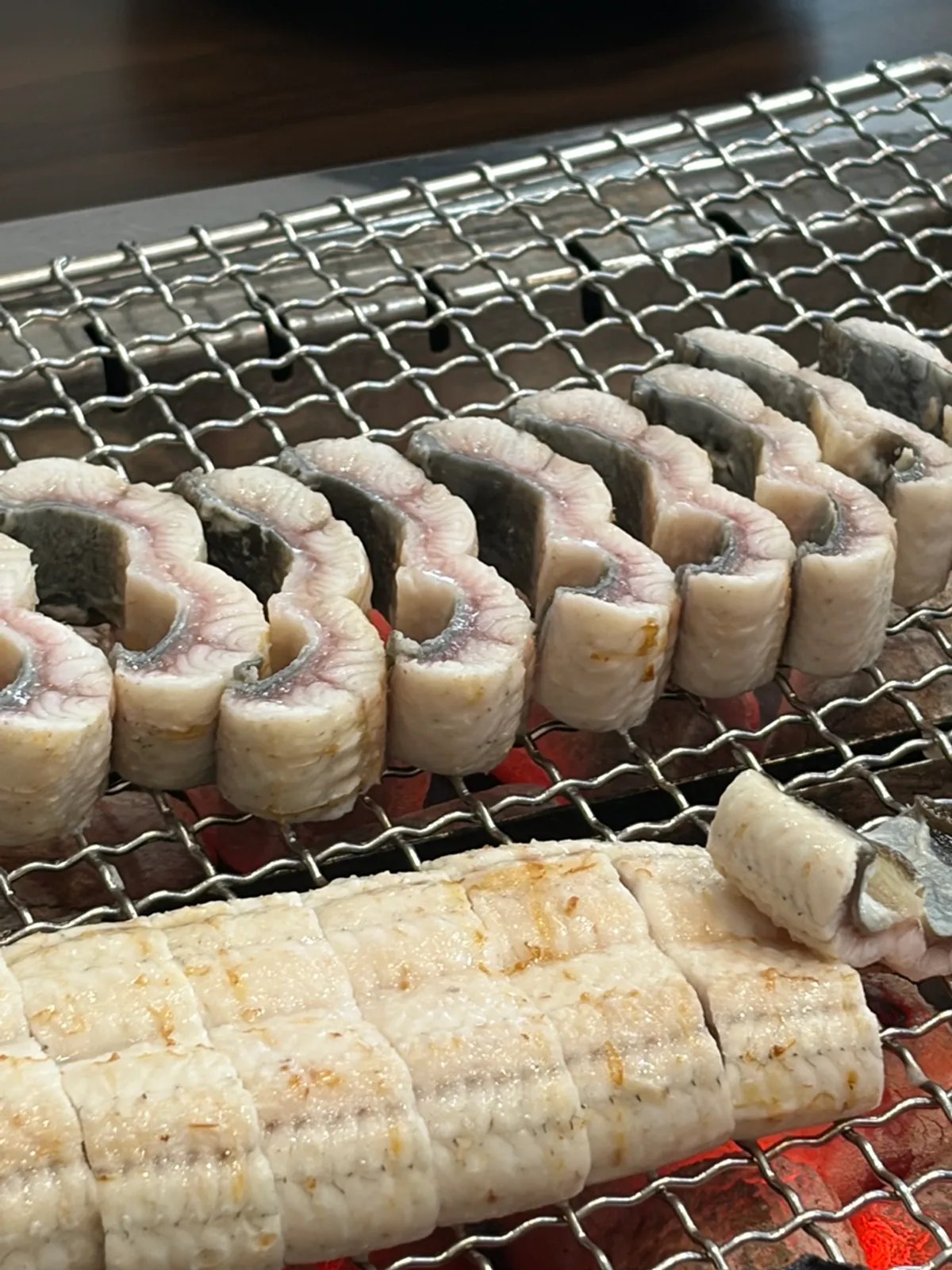 Plump freshwater eel placed on charcoal