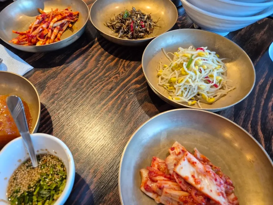 Close-up of Korean set-menu side dishes