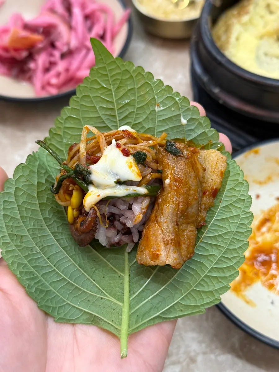 Wrap ingredients stacked into a bite-sized piece