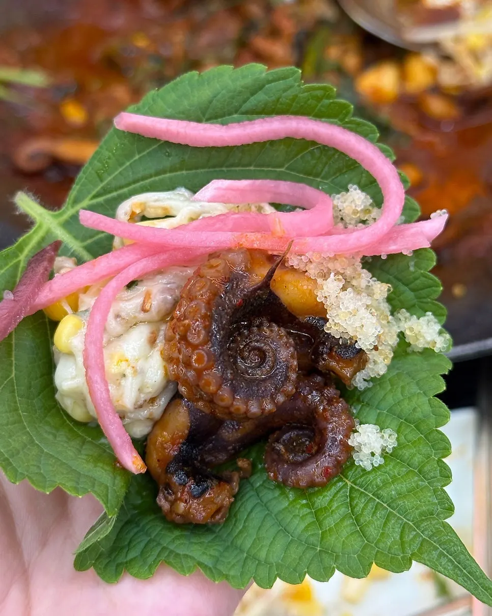 Plate combining jjukkumi, beef belly, and minari
