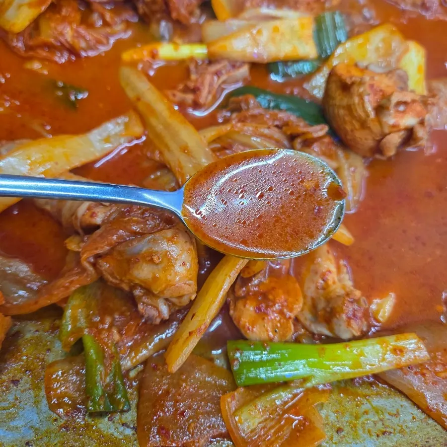 A spoonful of the rich chicken stew broth
