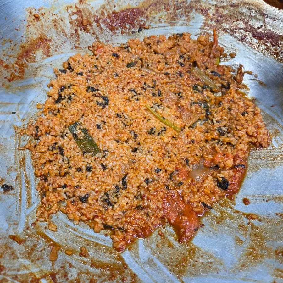Fried rice pressed down to crisp like a scorched rice crust