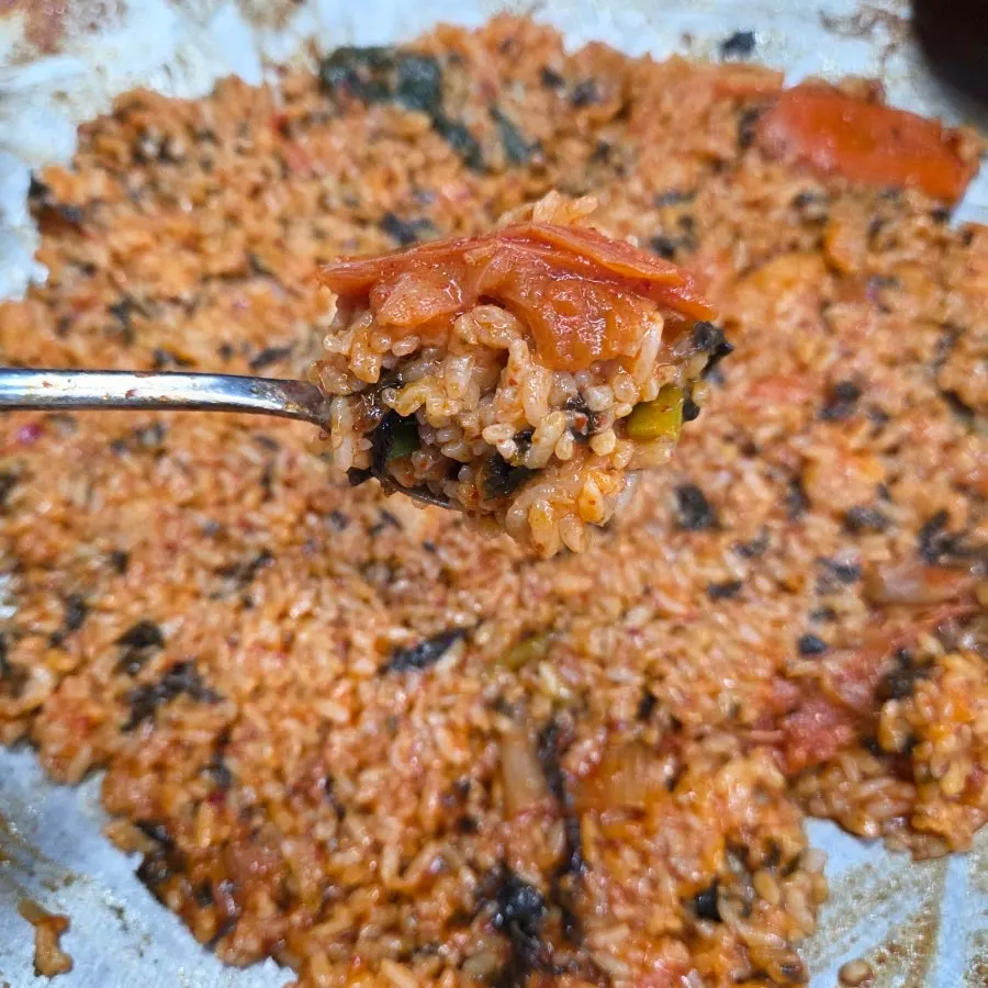 Fried rice finished off with aged kimchi on top