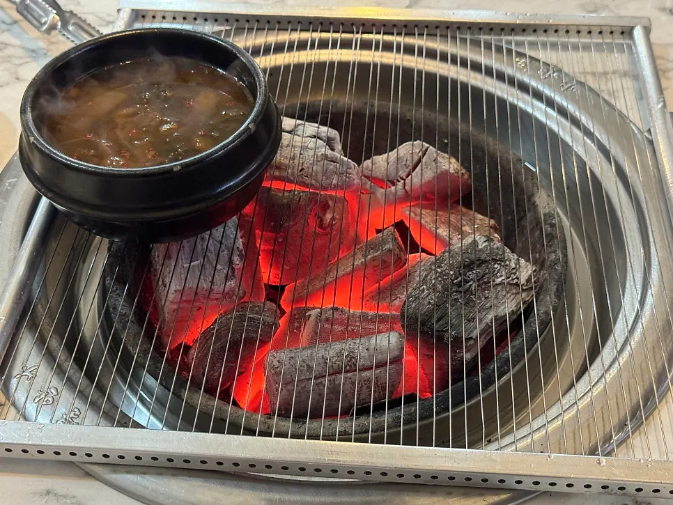 Table with three servings of galbi and side dishes for three people