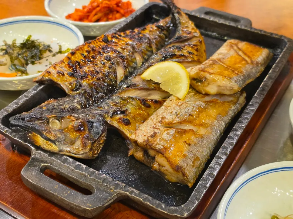 Grilled mackerel and hairtail served together on one plate