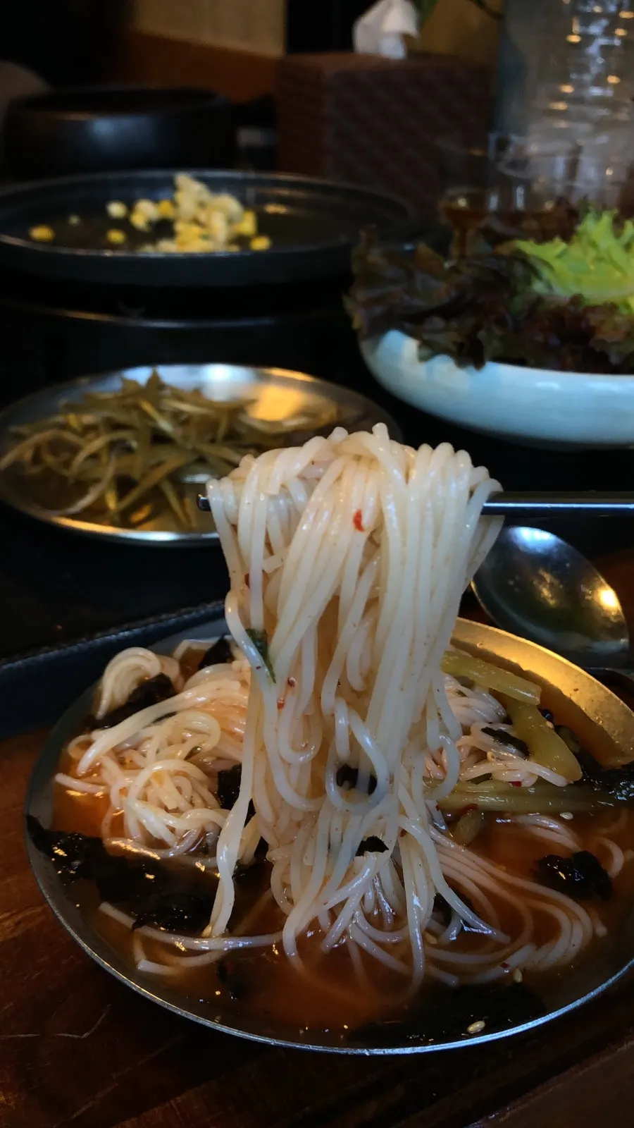 Kimchi noodle soup with slushy ice broth