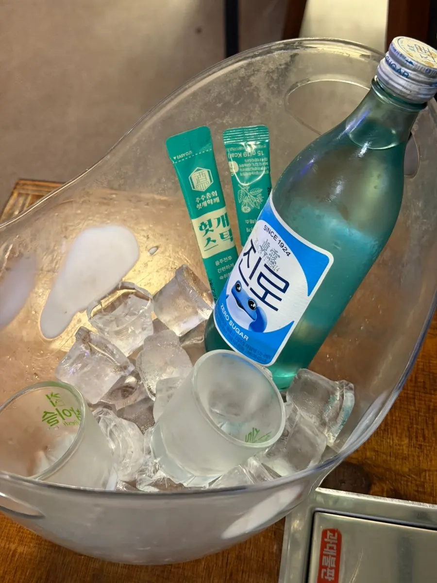Soju and beer set out on the table