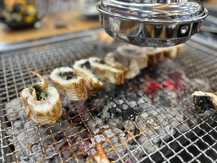 Close-up of thickly cut, grilled eel flesh