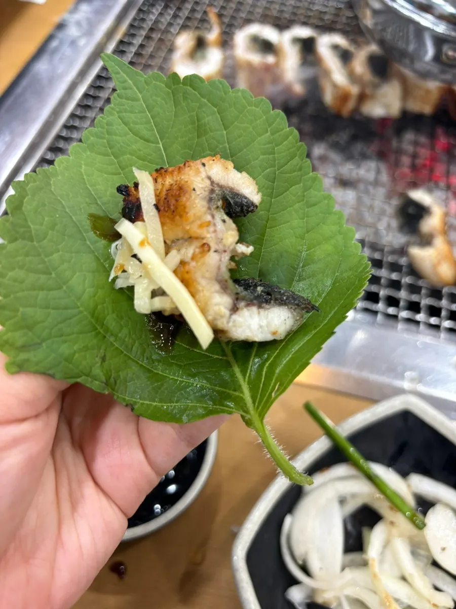 A piece of eel served with sauce and vegetables