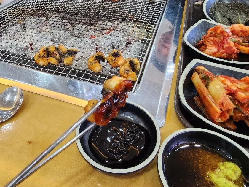 Close-up of golden-grilled eel