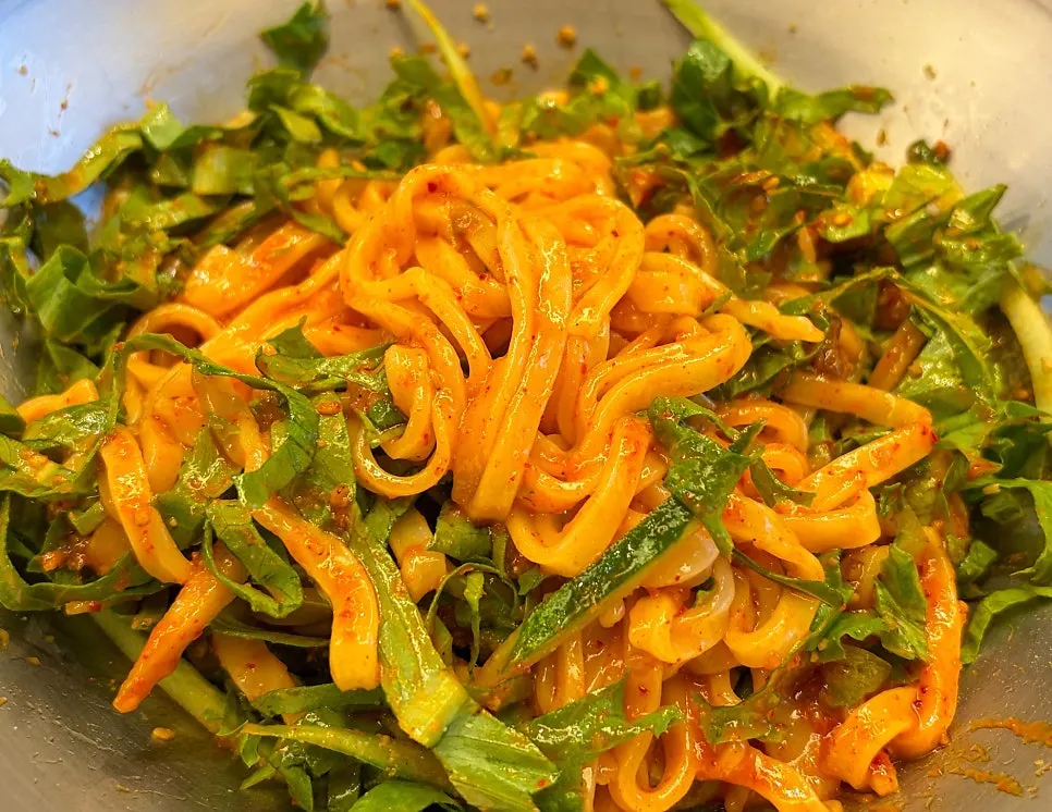 Sweet and spicy bibim kalguksu noodles