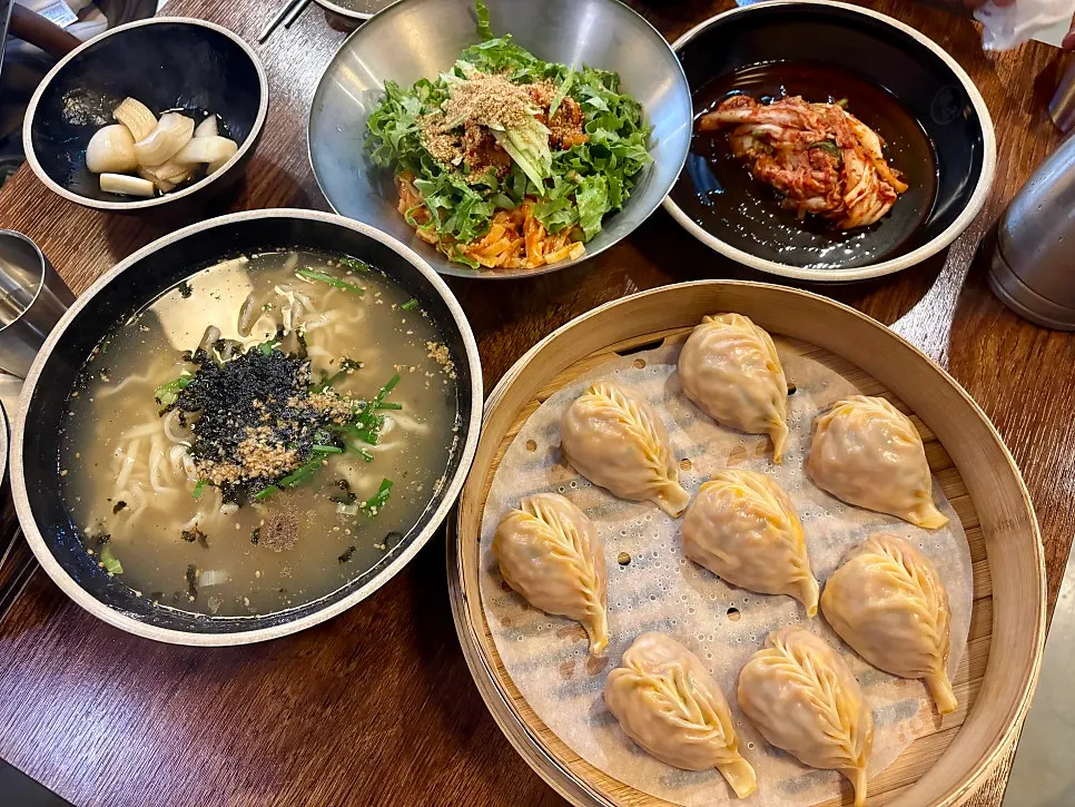 Kalguksu, bibim kalguksu, and steamed dumplings