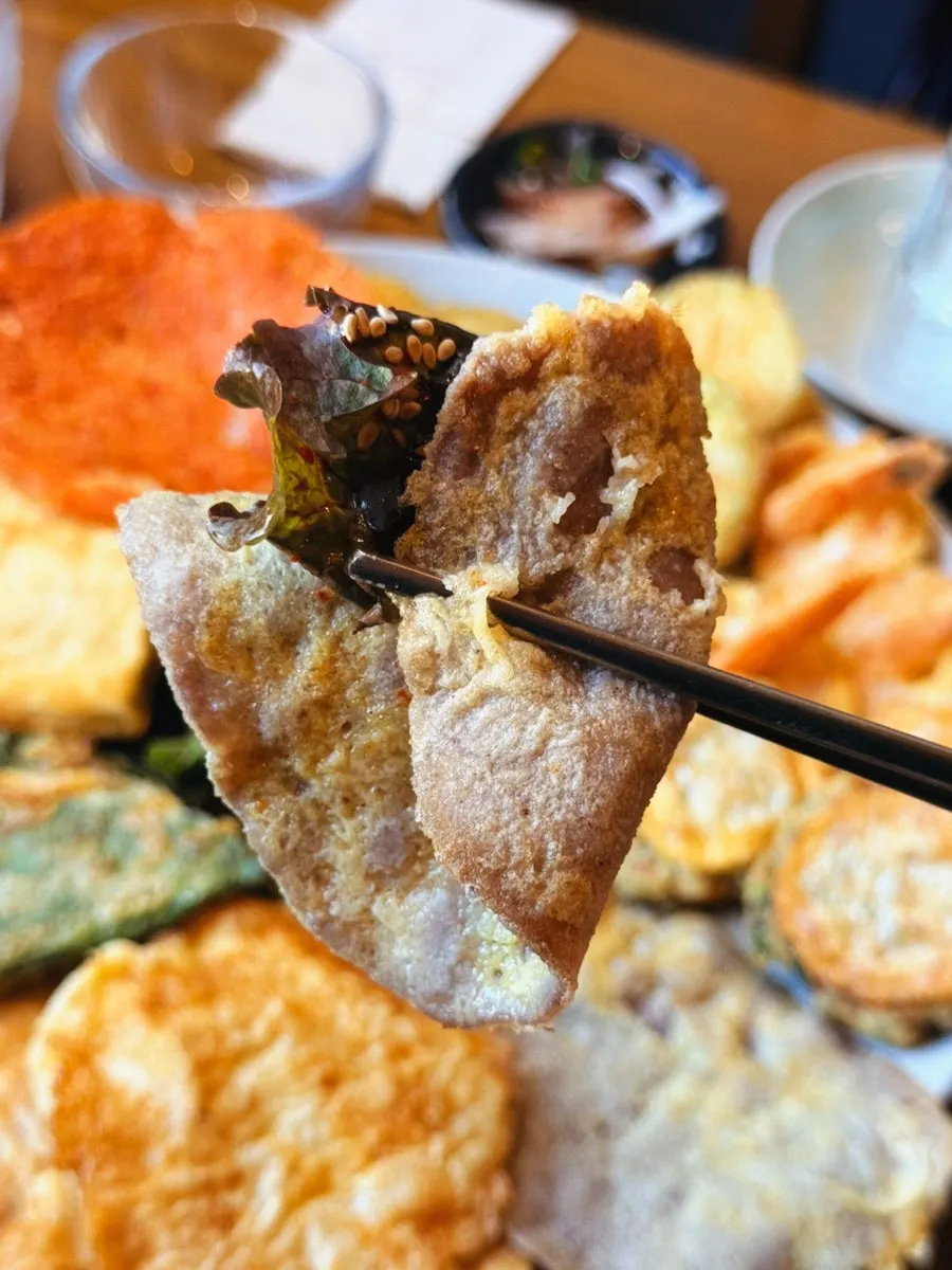 Jeon dipped in onion soy sauce