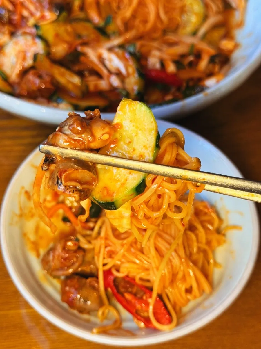 Golbaengi noodles paired with the assorted jeon platter