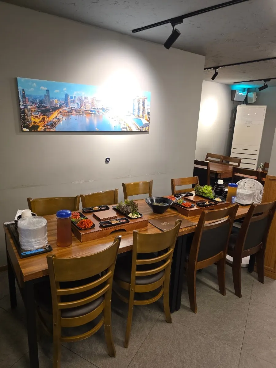 Joined tables set up for group gatherings