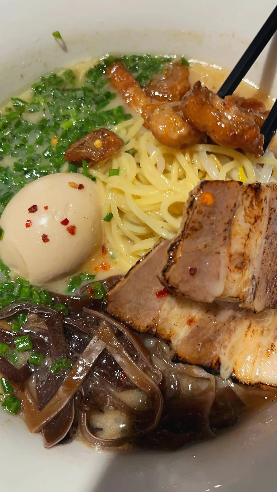 A bowl of Motsu Ramen topped with fried pork intestines