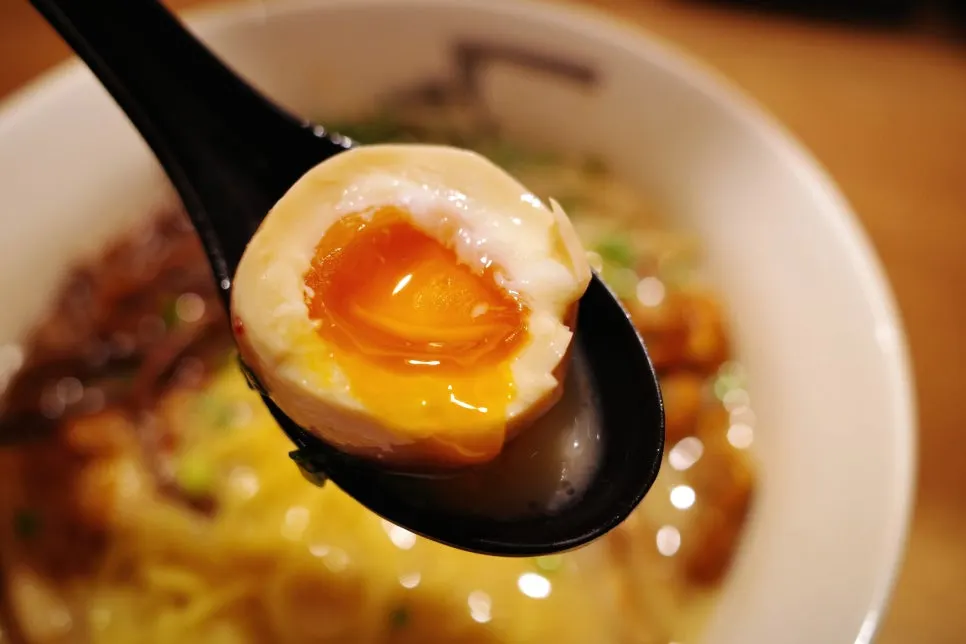 Thin noodles lifted from a bowl of Gyedan Ramen