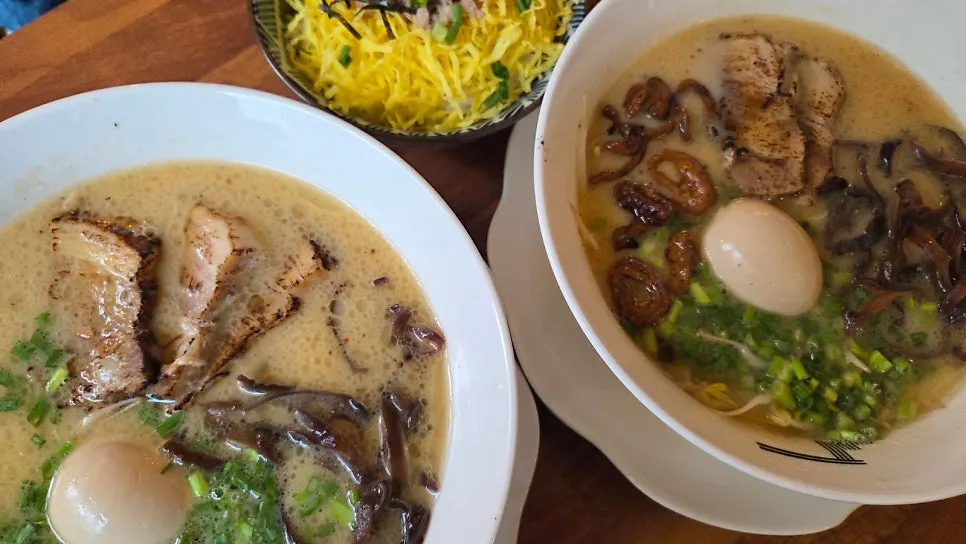Two bowls of ramen ordered together with tamago-bap