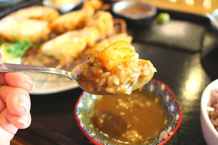 Cheese katsu served with fresh wasabi and mustard sauce