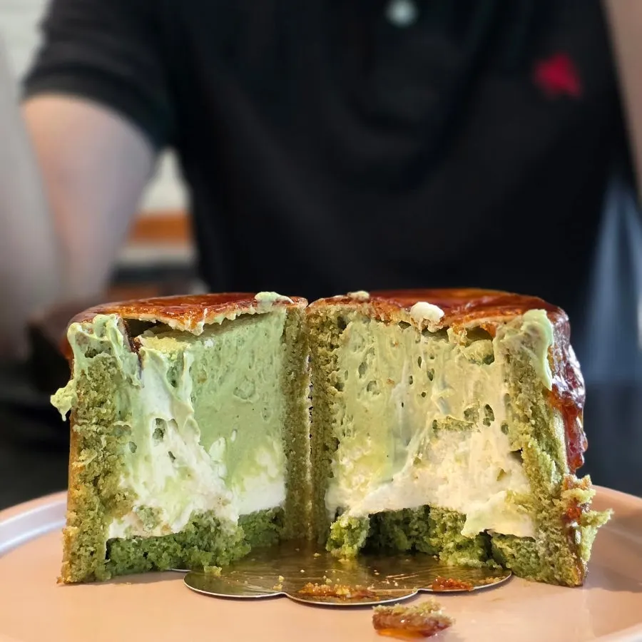 Cross-section of cream-filled matcha baumkuchen
