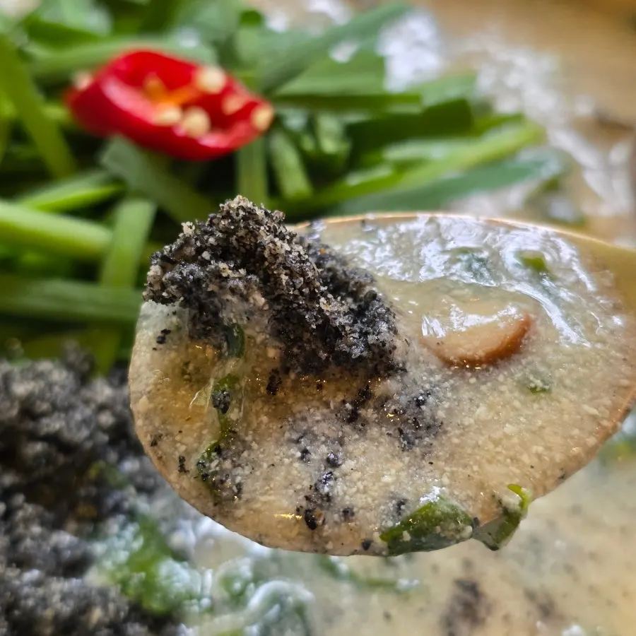 Oyster mushroom black sesame perilla soup