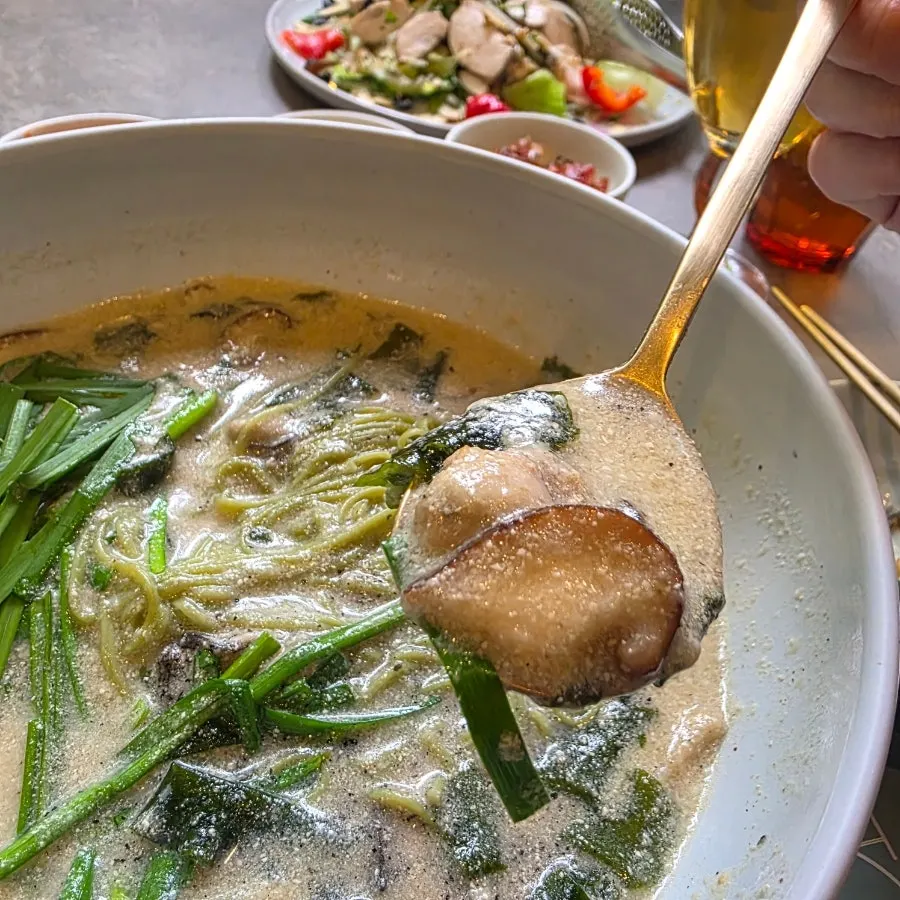 Perilla soup with oyster, mushroom and chives