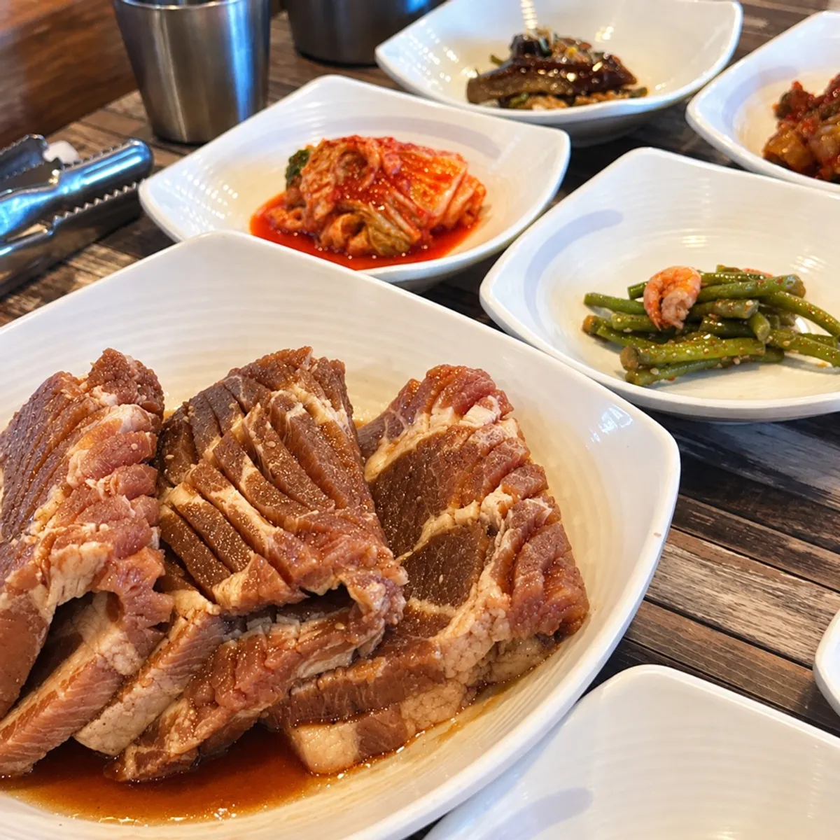 Full spread of the lunch special Wang Pork Jjigae Set