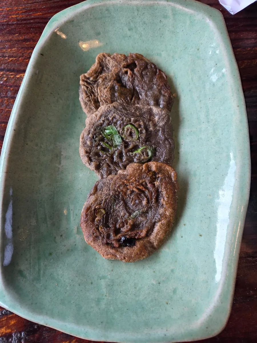 Warm buckwheat pancake and chewy acorn jelly