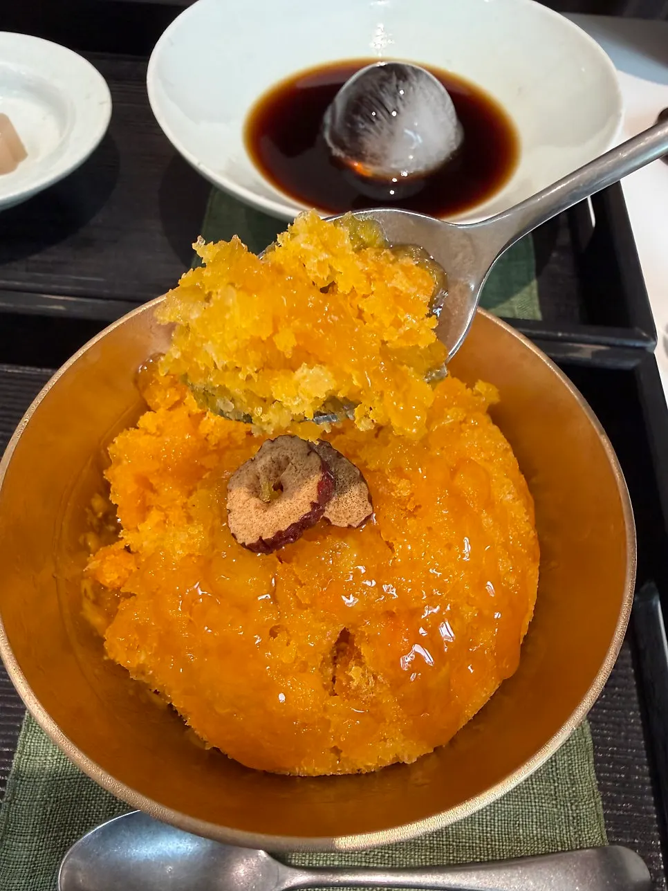 Close-up of the pumpkin bingsu topped with jujube slices