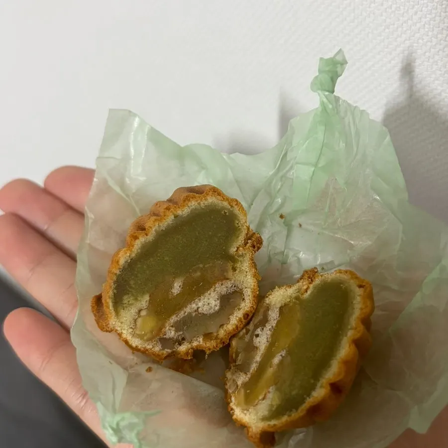 Cross-section of a matcha walnut pastry