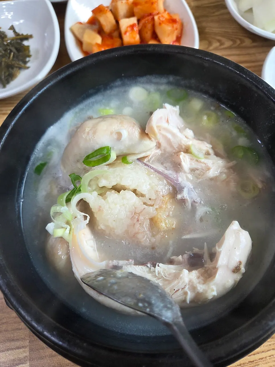 Close-up of the yeongyang samgyetang broth and chicken
