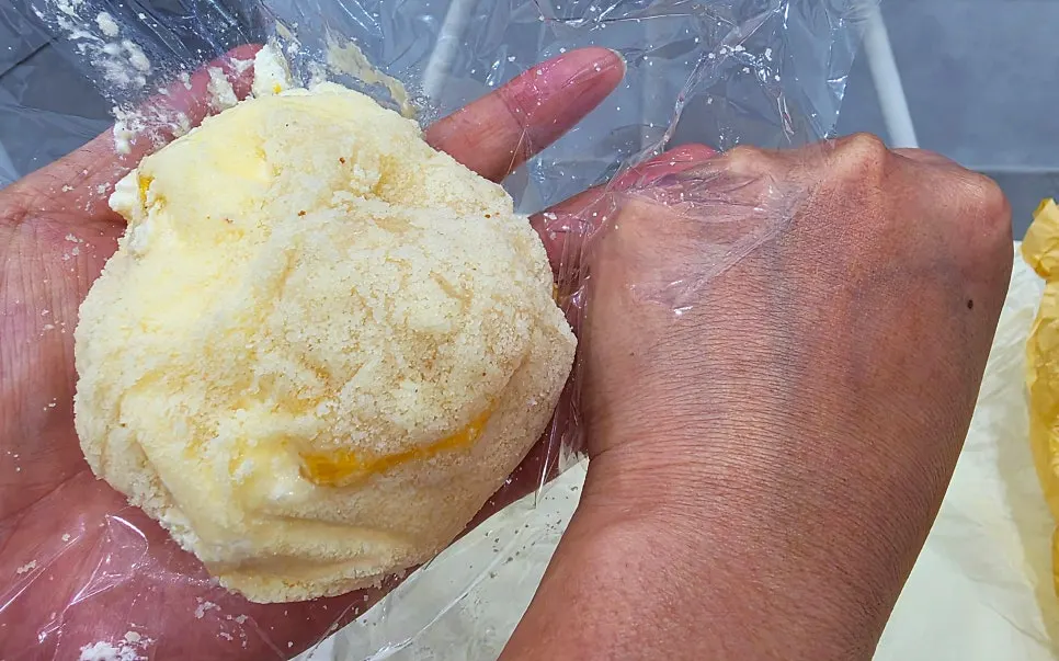 Cross-section of fruit mochi cut in half