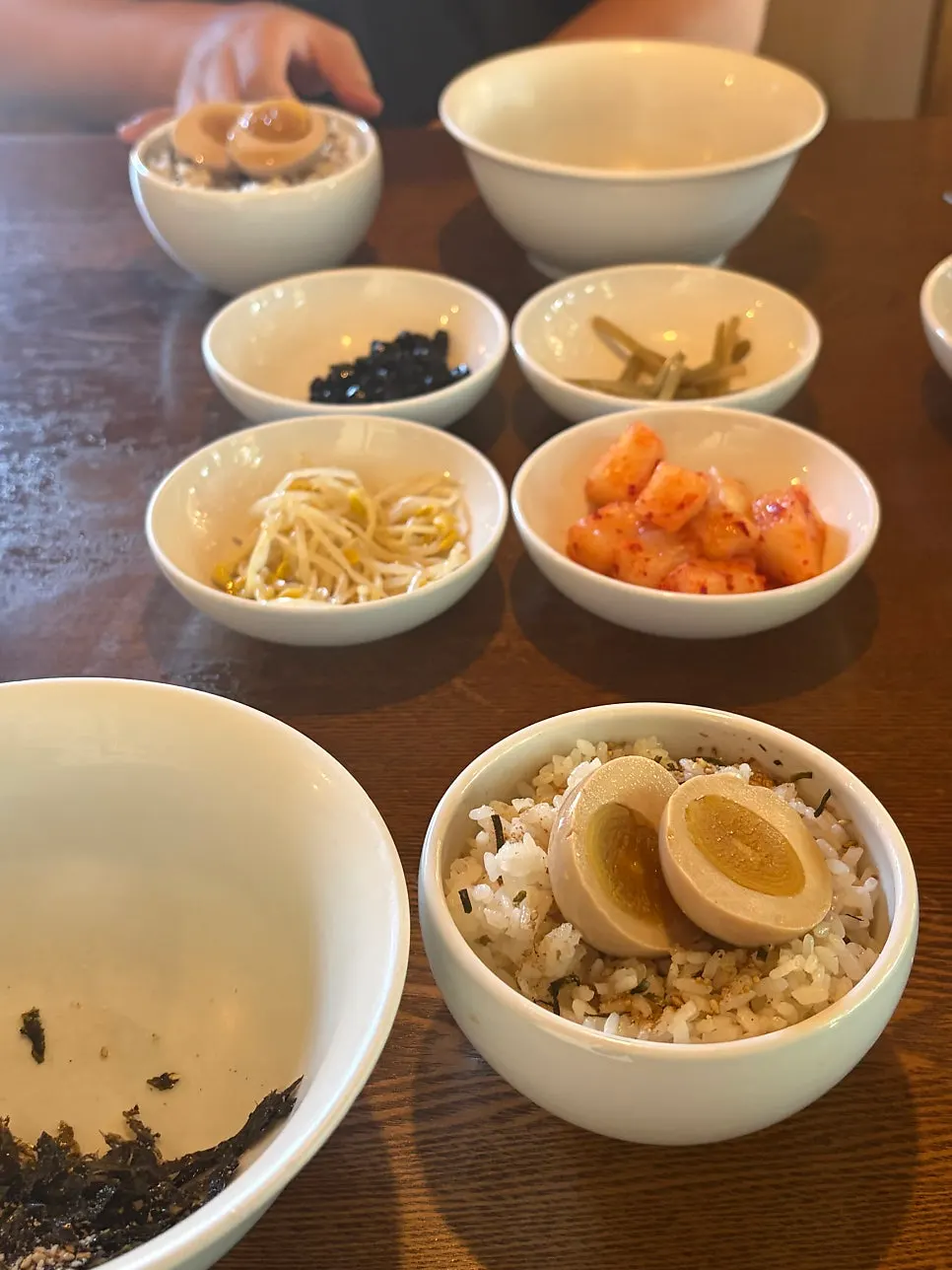Egg rice and banchan table setting