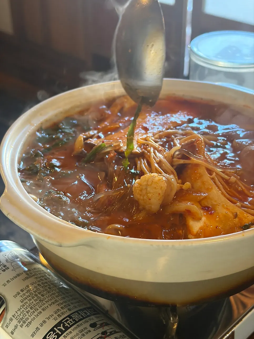 Hot pot with beef intestine, potatoes, and glass noodles