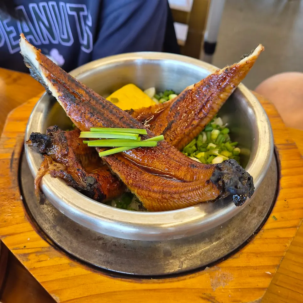 Large charcoal-grilled eel on top of hot pot rice