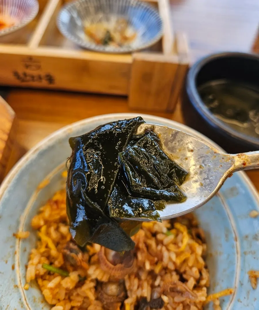 Korean side dishes served alongside stone-pot rice