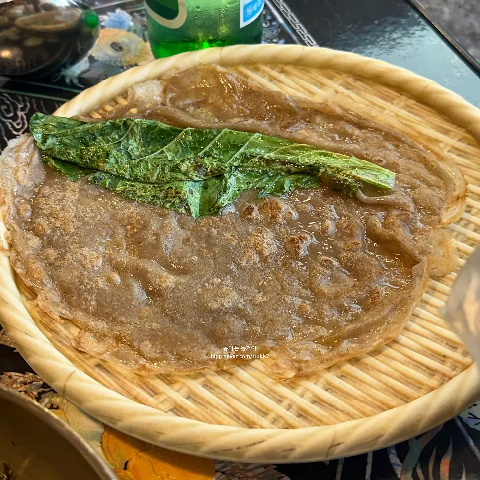 Buckwheat pancake with stir-fried kimchi side dish