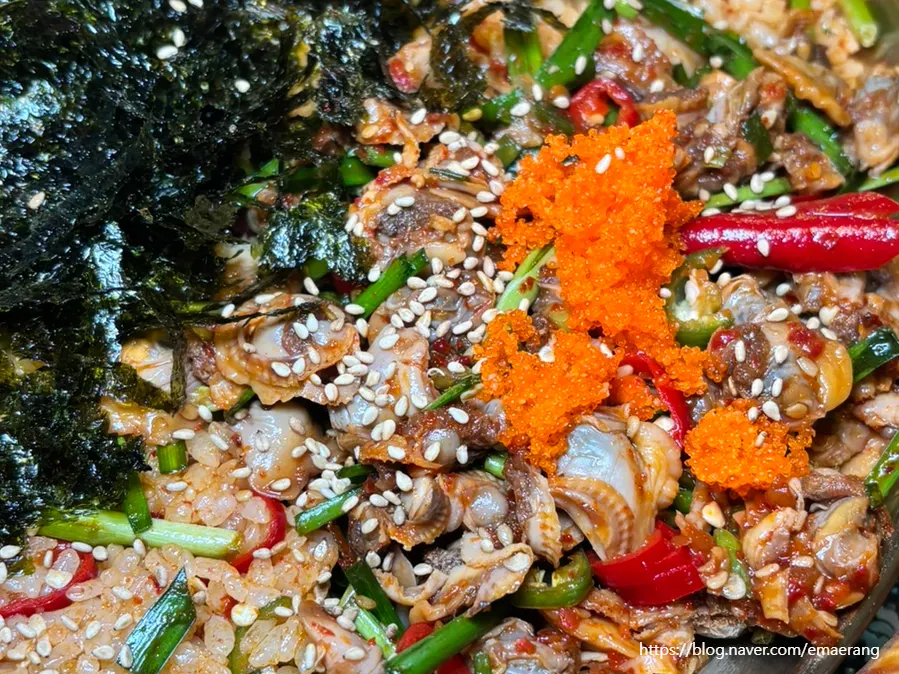 A generous bibimbap platter, great for sharing between three