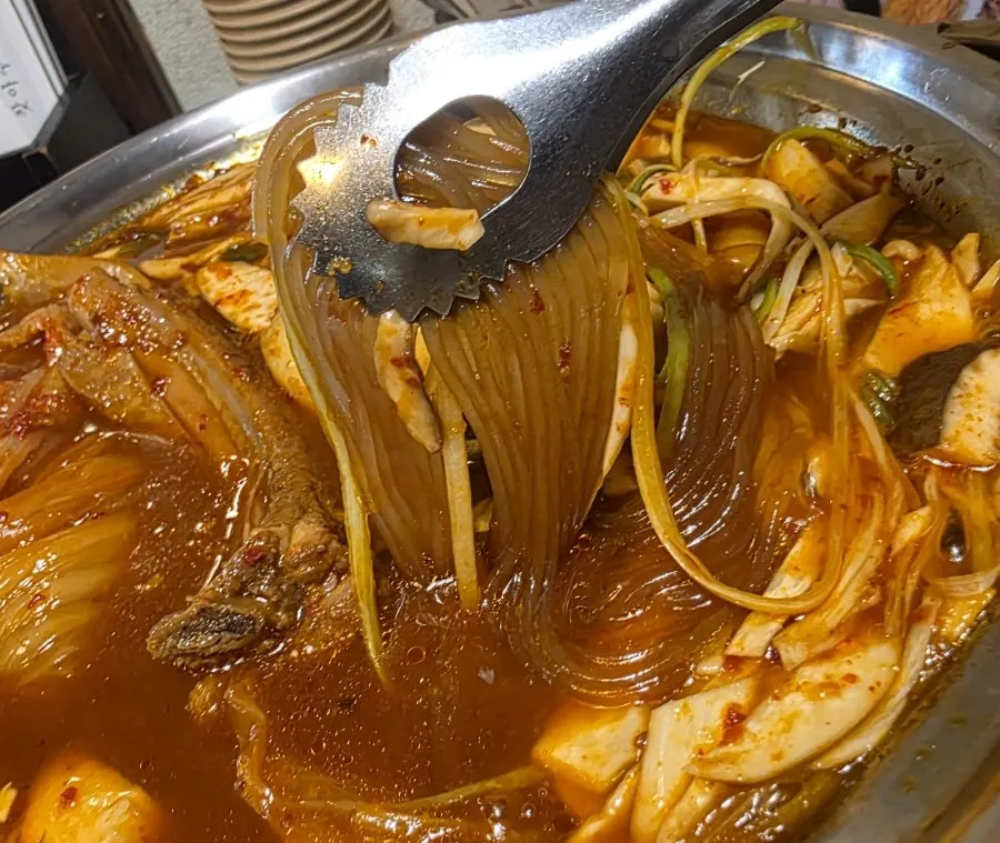 Ripe kimchi rib stew boiling in the pot