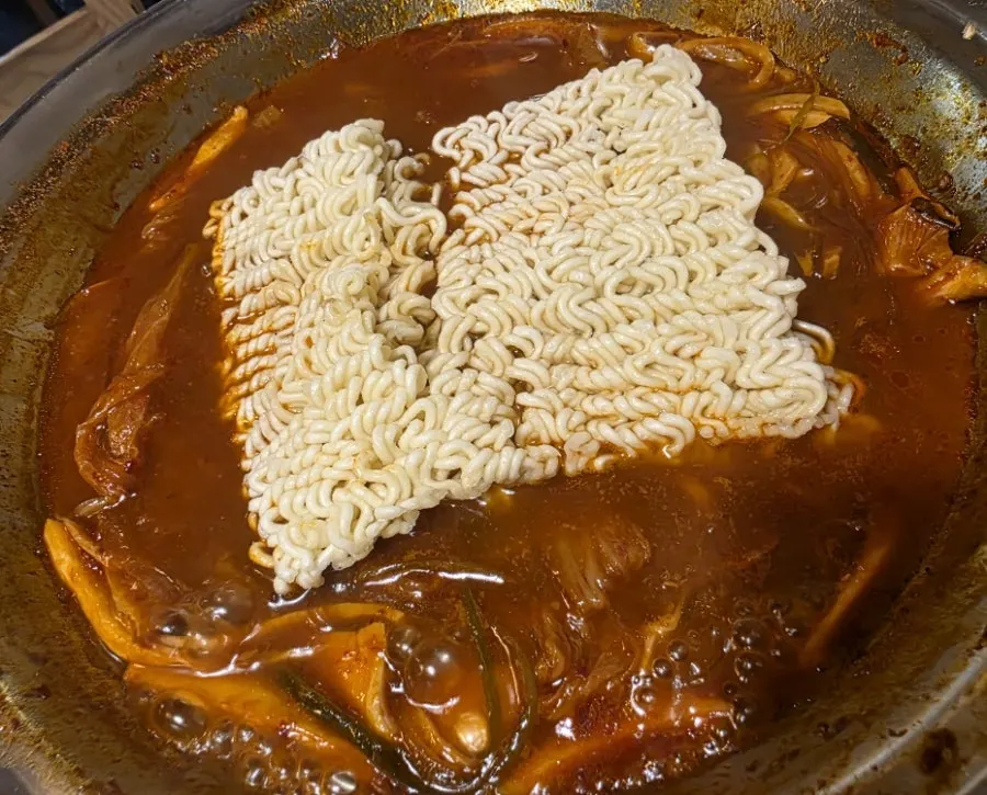 Close-up of cockles and flying fish roe on the bibimbap