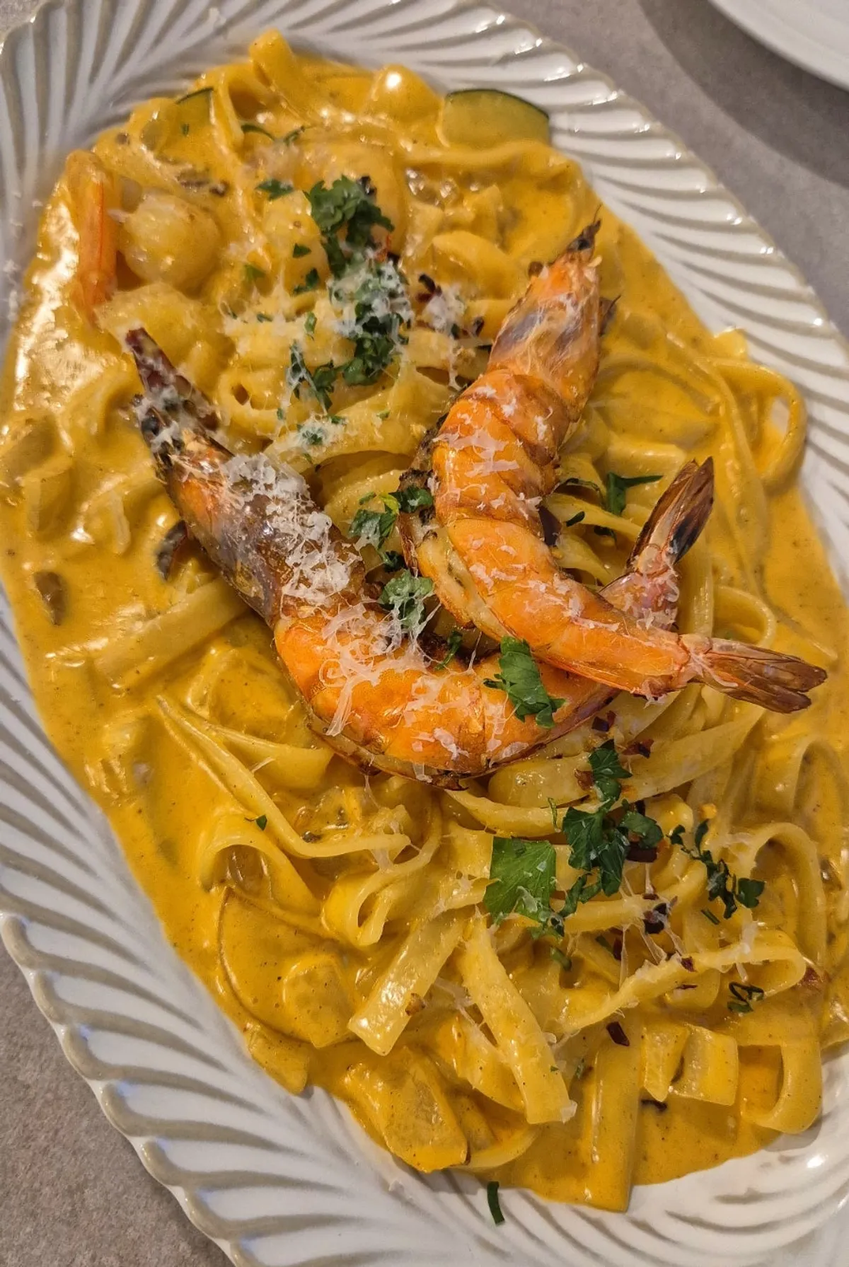 Toowoomba pasta topped with giant prawns