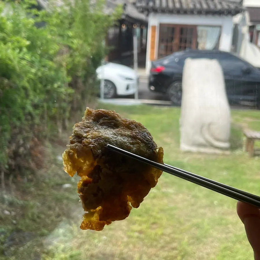 Close-up of beef jeon with a perilla-oil aroma
