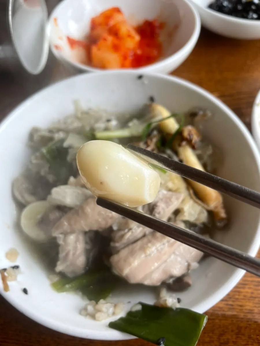 Boneless chicken stew being scooped up with broth