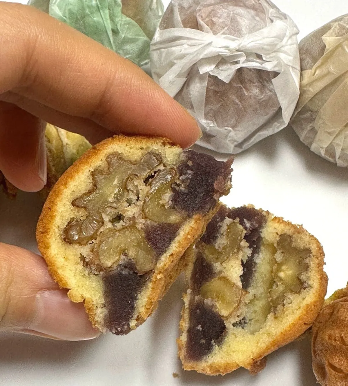 Comparing matcha and pea cream cheese walnut pastry flavors
