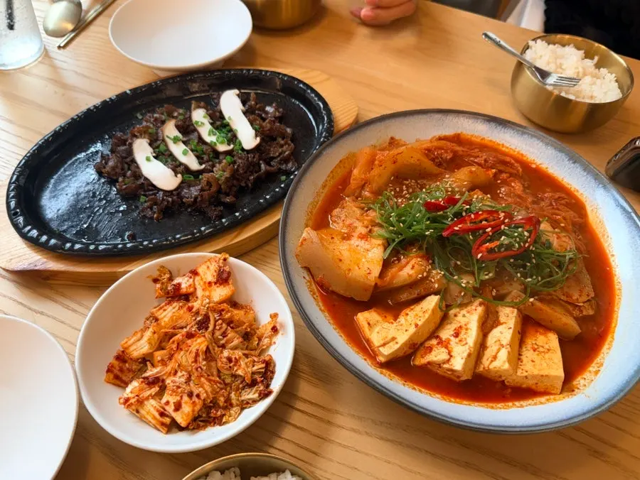 Table set with kimchijjim and crispy bulgogi