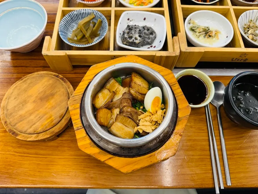 Close-up of sweet and salty soy-braised pork belly solbap