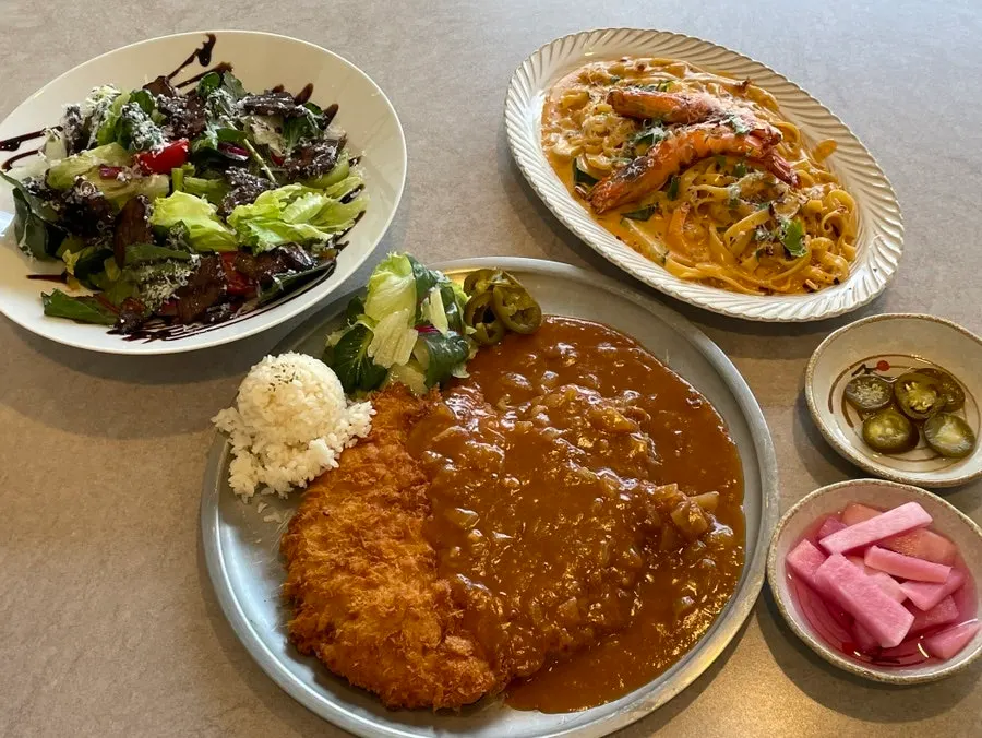Midam Kitchen menu with salad, pizza, pasta and risotto