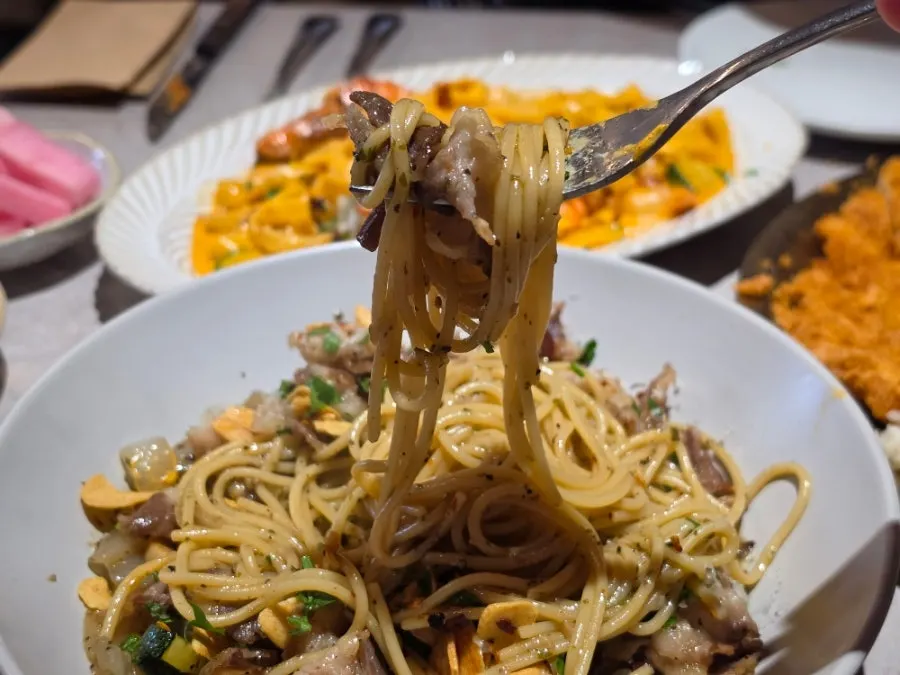 Close-up of the peppery beef brisket oil pasta