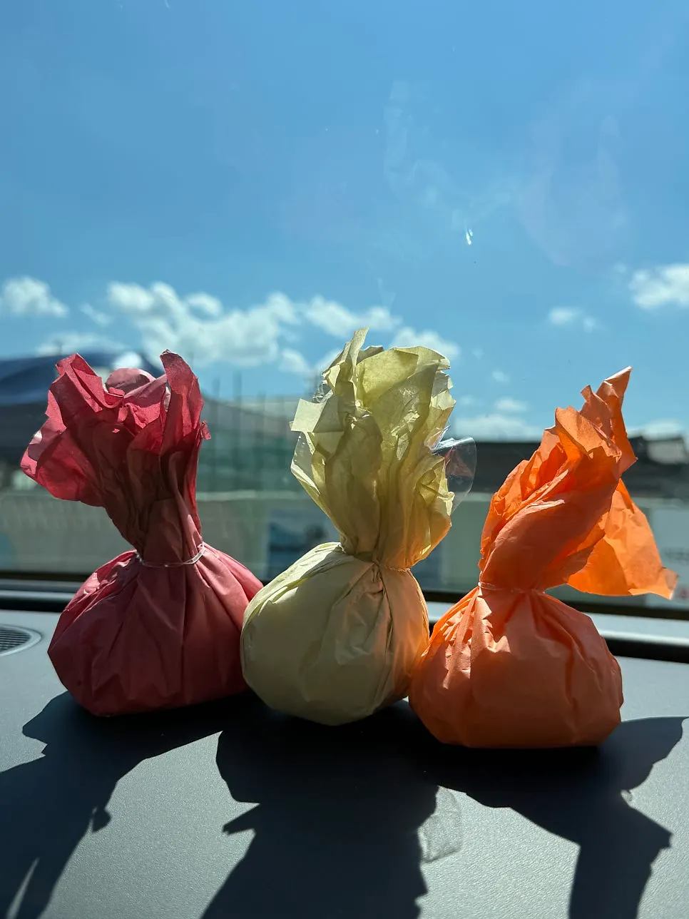 Three packaged fruit mochi taken home from Tareudang